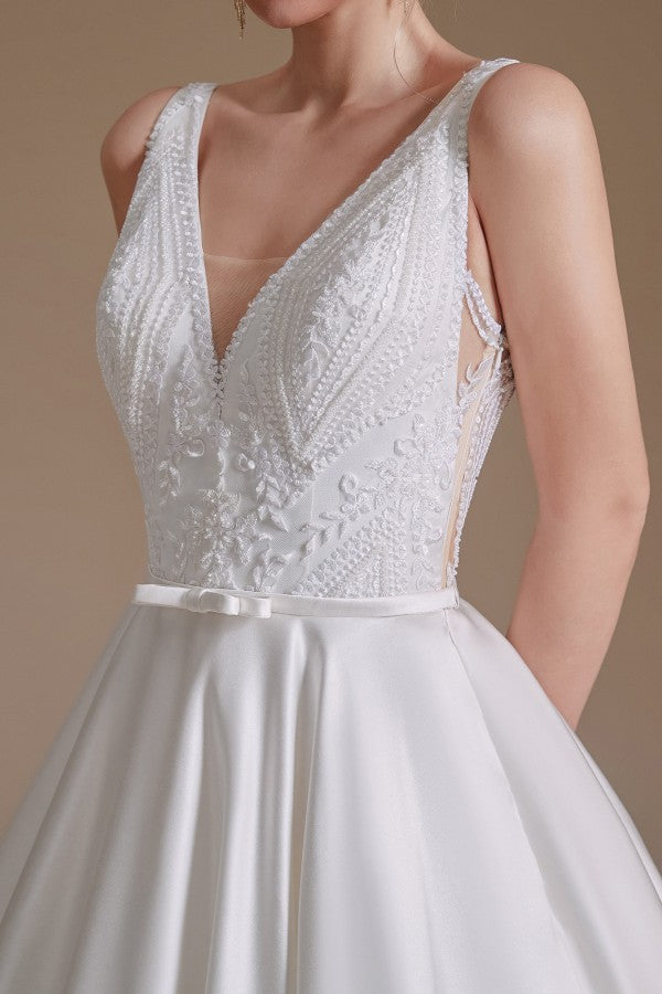 Satin A-Line Wedding Dress Long V-neck With Appliques Lace