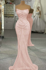 Strapless Mermaid Long Prom Dress with Sequins and Pleats