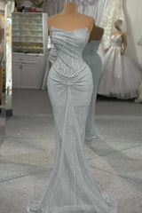 Strapless Mermaid Long Prom Dress with Sequins and Pleats