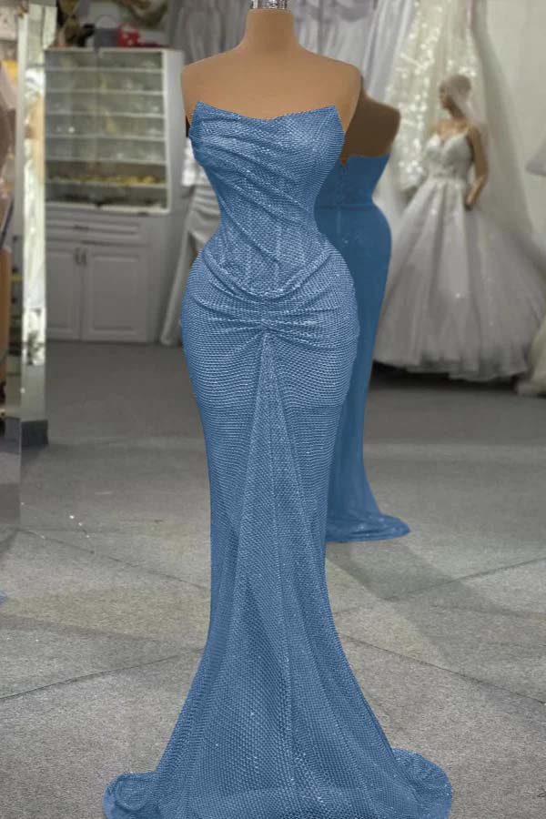 Strapless Mermaid Long Prom Dress with Sequins and Pleats