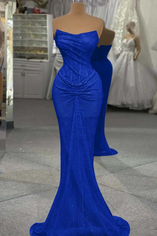 Strapless Mermaid Long Prom Dress with Sequins and Pleats