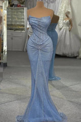 Strapless Mermaid Long Prom Dress with Sequins and Pleats