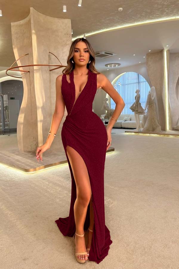 Halter Mermaid Long Prom Dress with Split, Sequins and Pleats