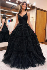 Sparkly V Neck Black Tulle Long Prom Dress with Sequins