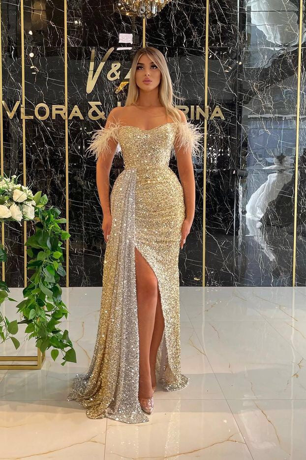 Off the Shoulder Strapless Mermaid Prom Dress with Sequins Split Ruffles