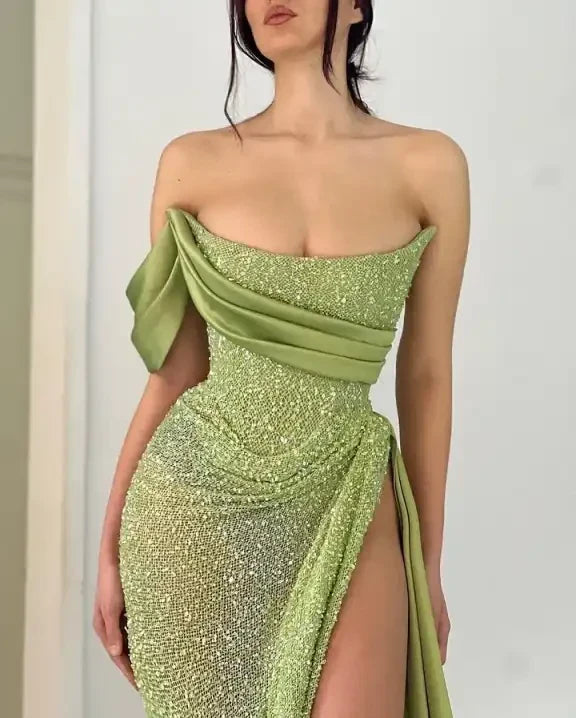 One Shoulder Mermaid Long Prom Dress with Sequins Split
