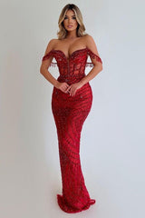 Red Off the Shoulder Strapless Long Prom Dress with Sequins Tassel