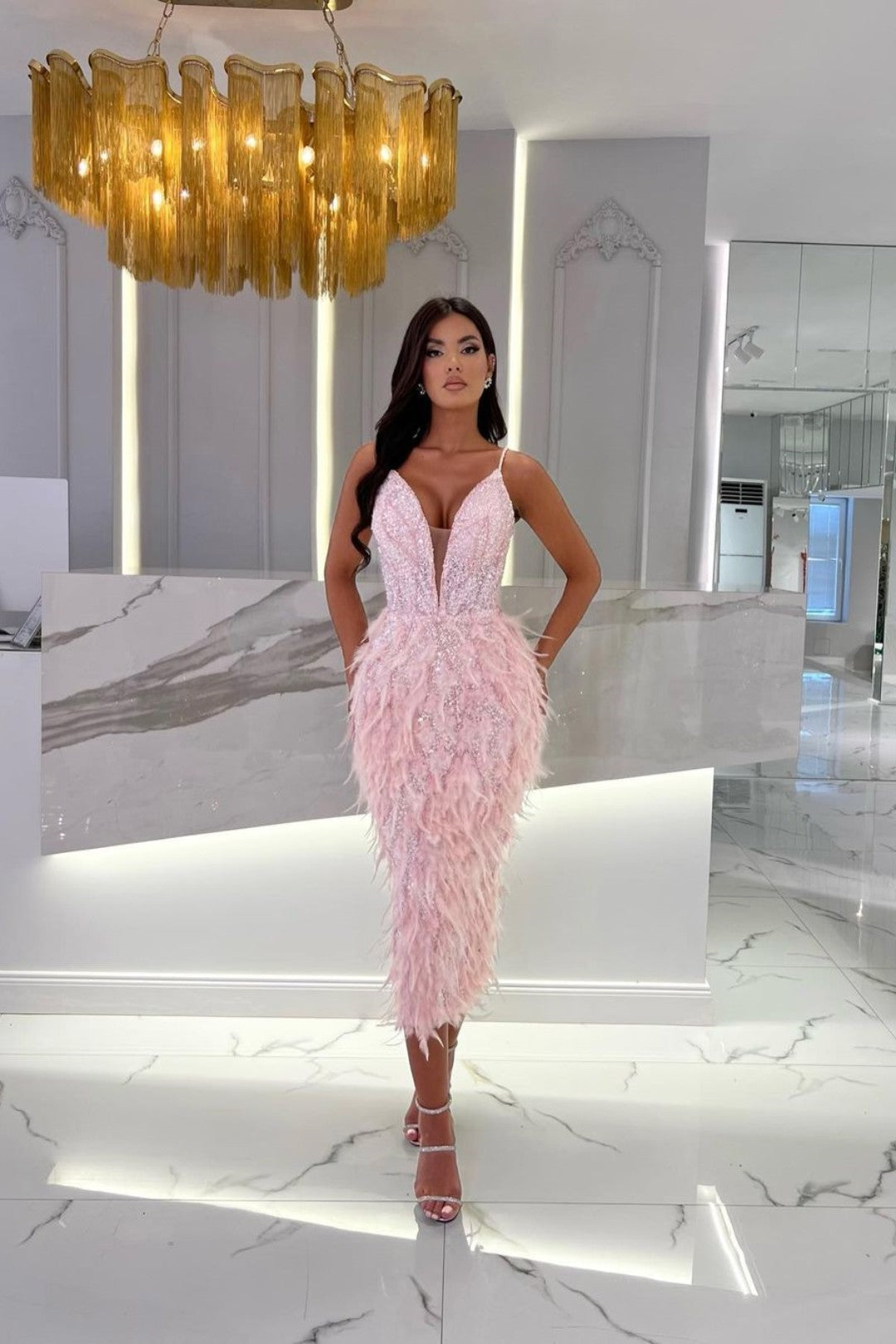 Pink Spaghetti Strap Short Prom Dress with Sequins and Tassel