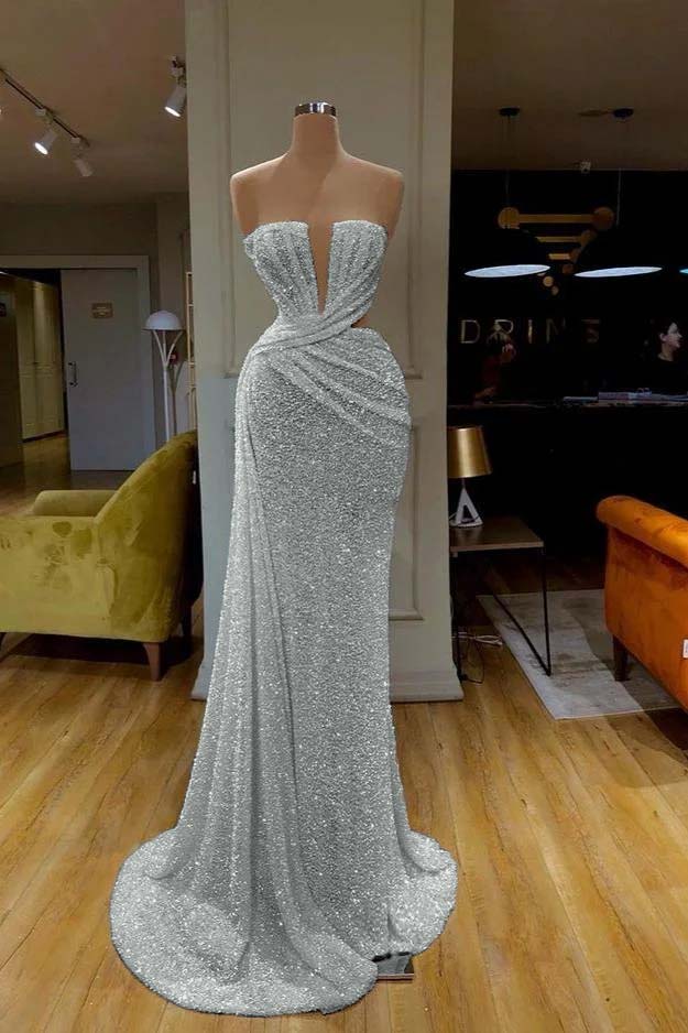 White Strapless Long Prom Dress with Sequins Pleated