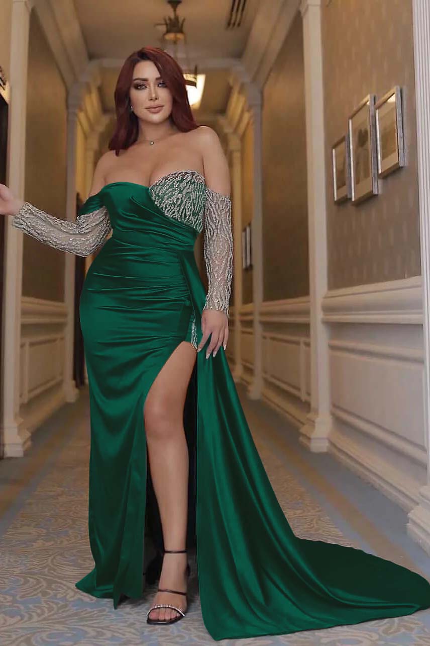 Sexy Off the Shoulder Long Sleeve Emerald Green Mermaid Prom Dress with Beading and Split