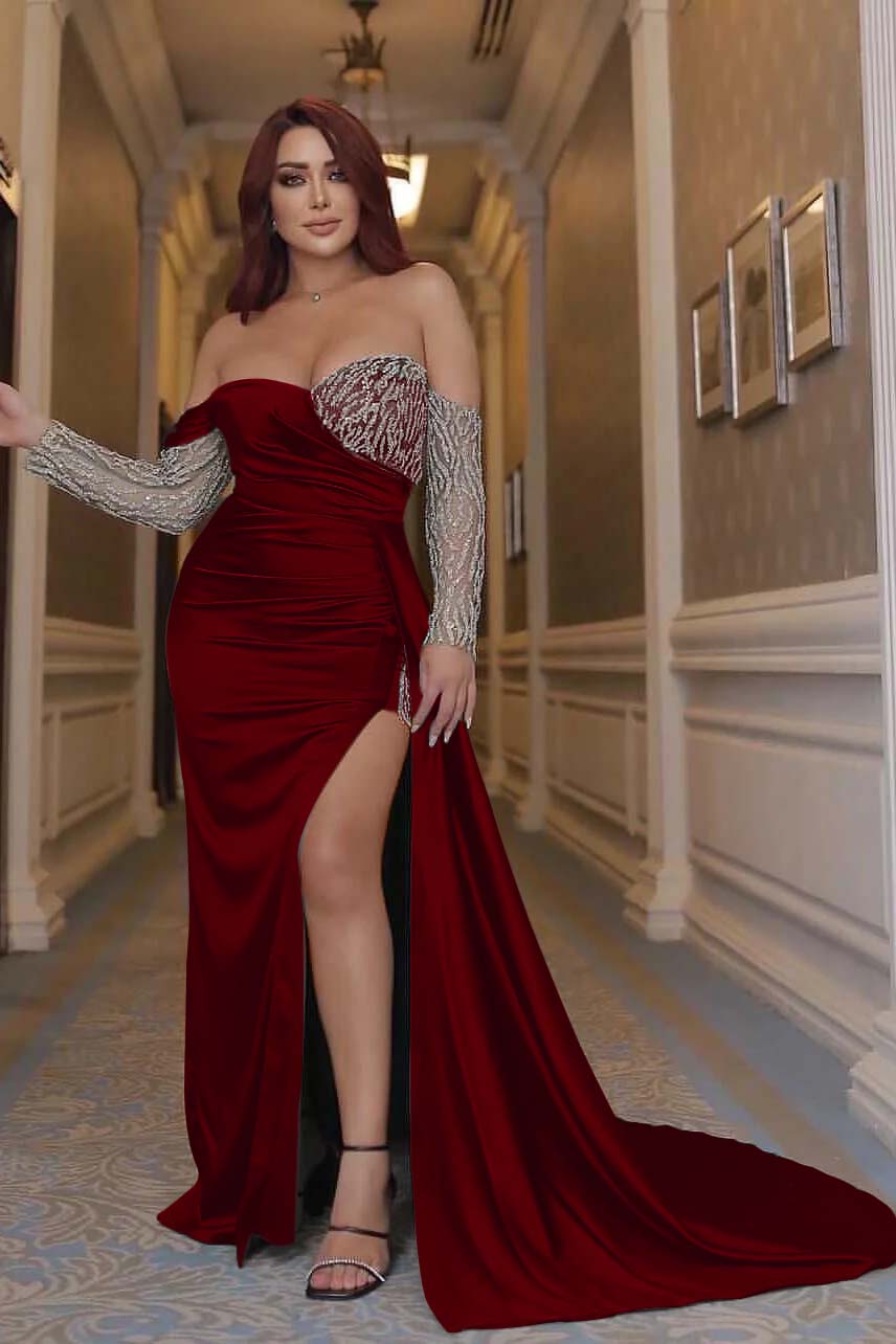 Sexy Off the Shoulder Long Sleeve Emerald Green Mermaid Prom Dress with Beading and Split