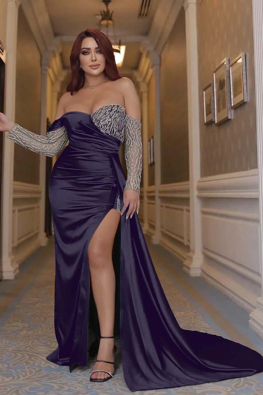 Sexy Off the Shoulder Long Sleeve Emerald Green Mermaid Prom Dress with Beading and Split