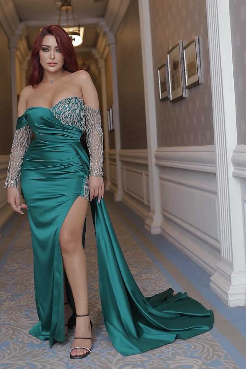 Sexy Off the Shoulder Long Sleeve Emerald Green Mermaid Prom Dress with Beading and Split