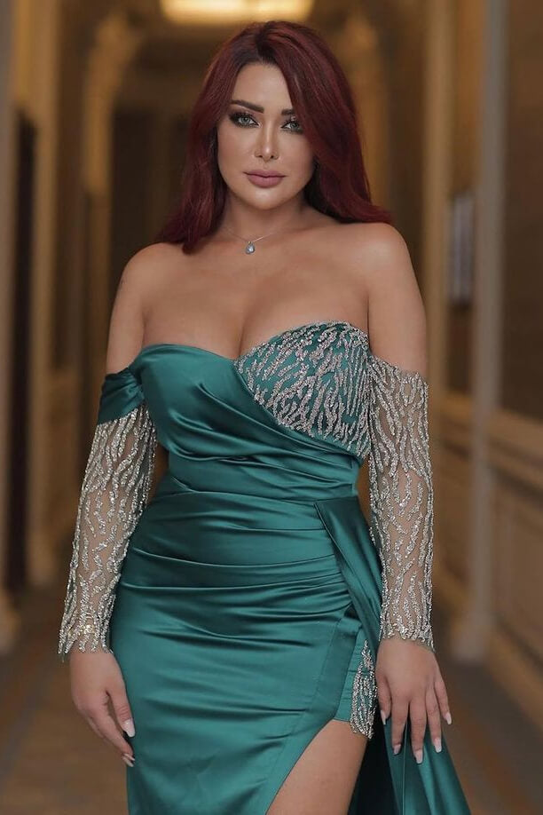 Sexy Off the Shoulder Long Sleeve Emerald Green Mermaid Prom Dress with Beading and Split