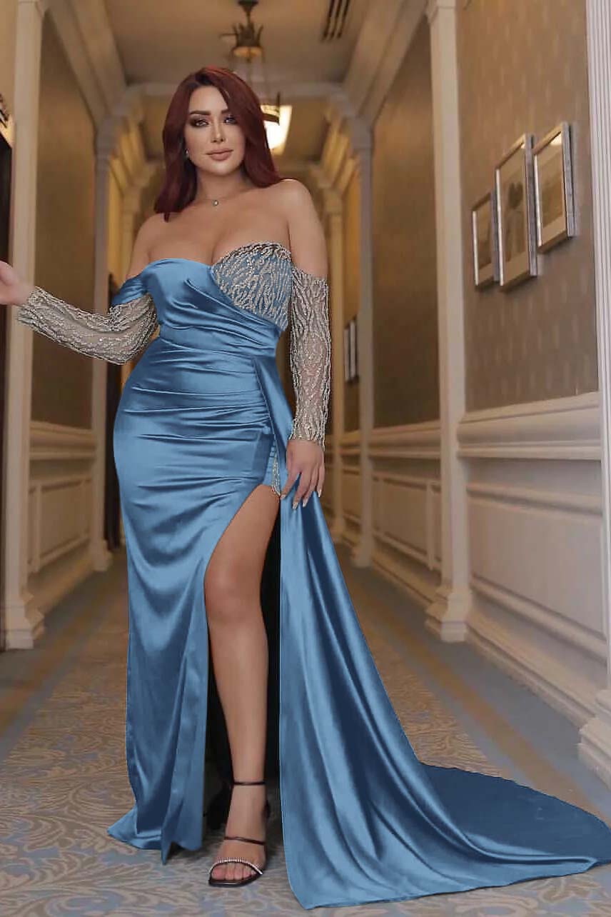 Sexy Off the Shoulder Long Sleeve Emerald Green Mermaid Prom Dress with Beading and Split