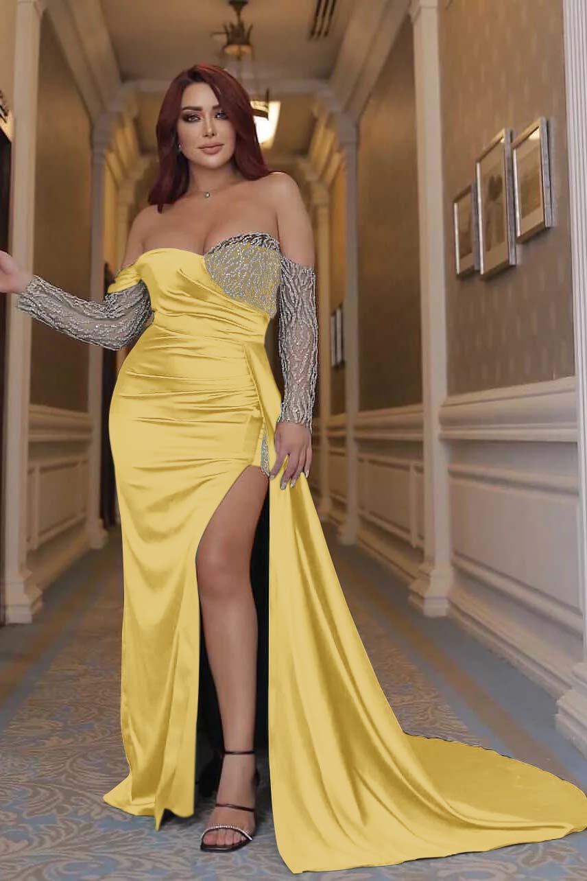 Sexy Off the Shoulder Long Sleeve Emerald Green Mermaid Prom Dress with Beading and Split
