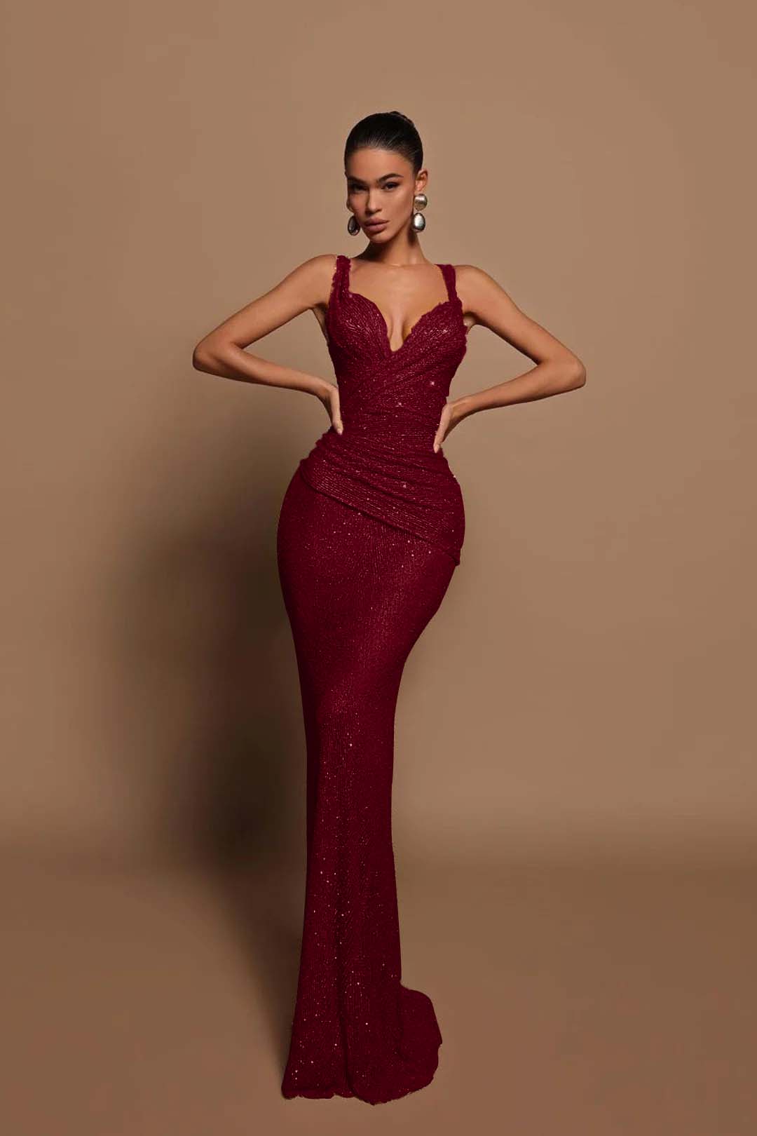 Sexy V Neck Mermaid Long Prom Dress with Sequins