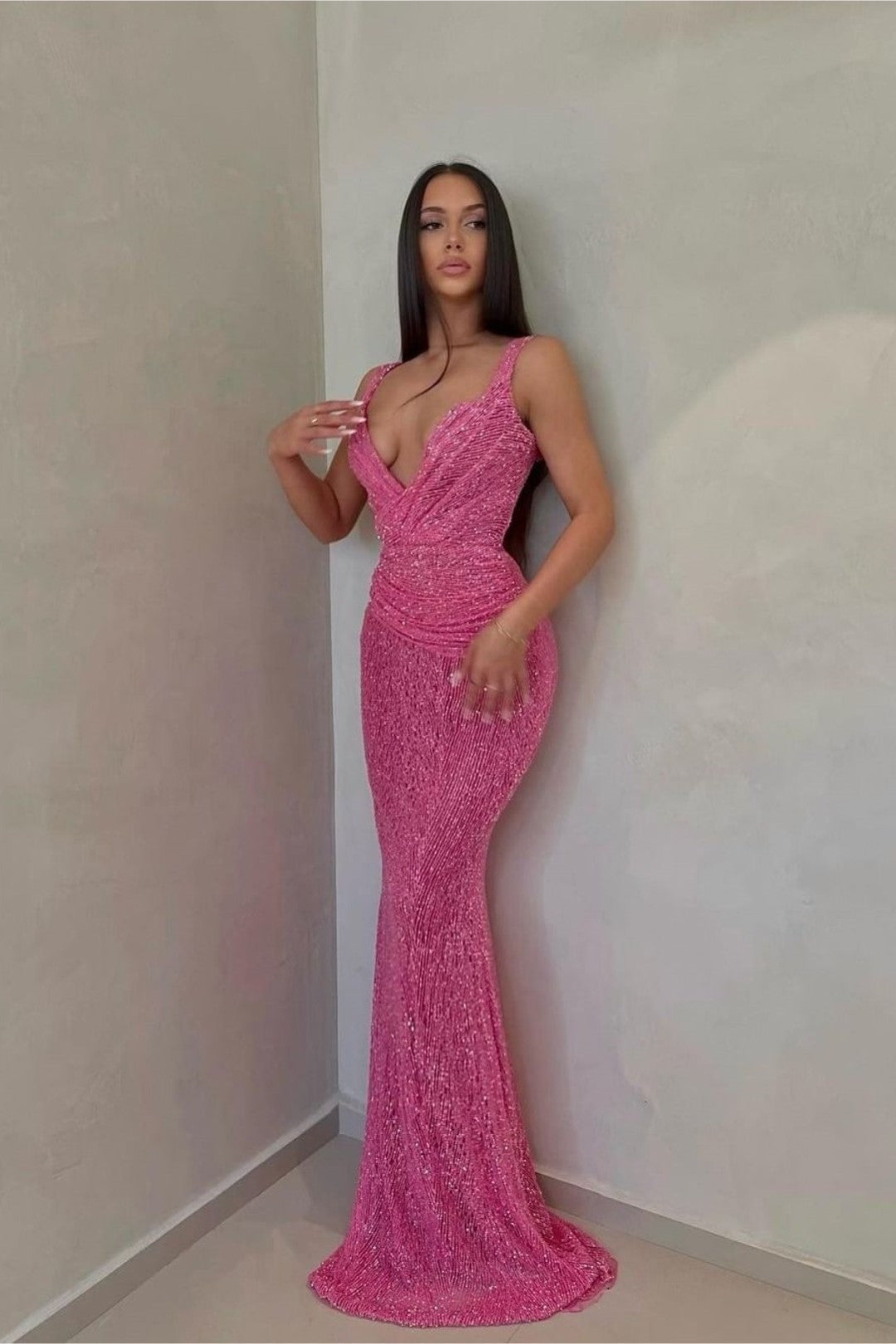Sexy V Neck Mermaid Long Prom Dress with Sequins