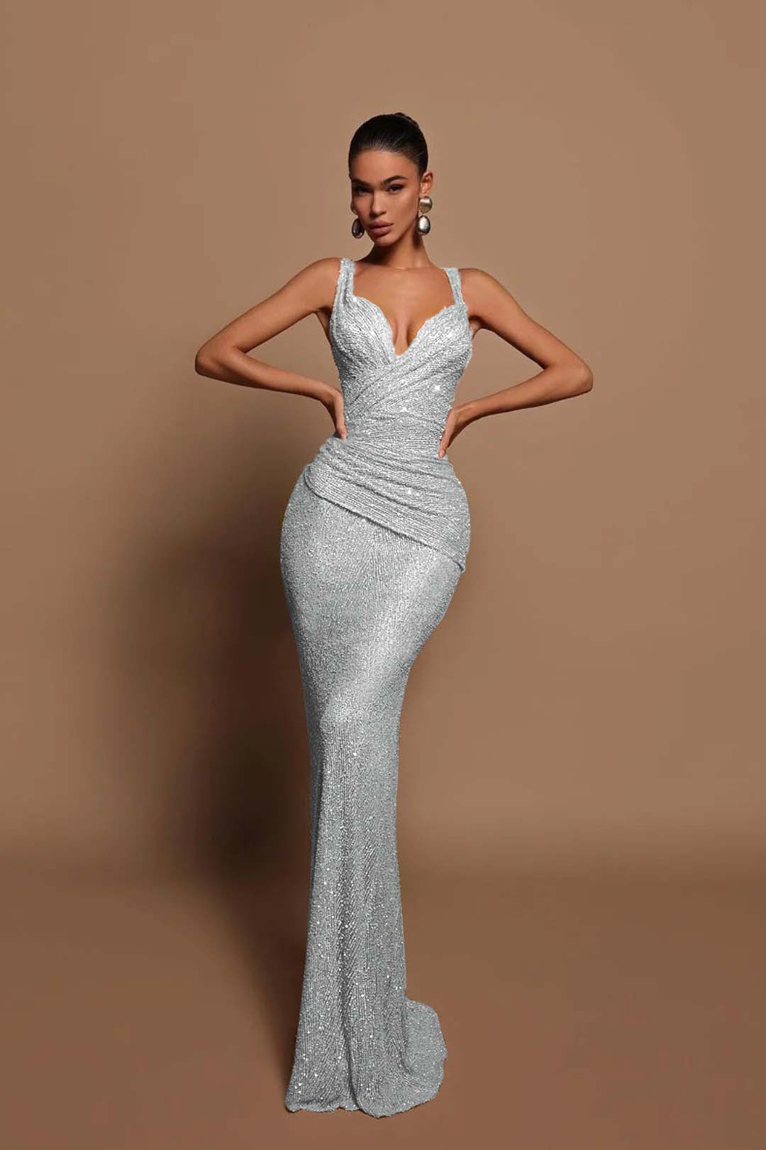 Sexy V Neck Mermaid Long Prom Dress with Sequins