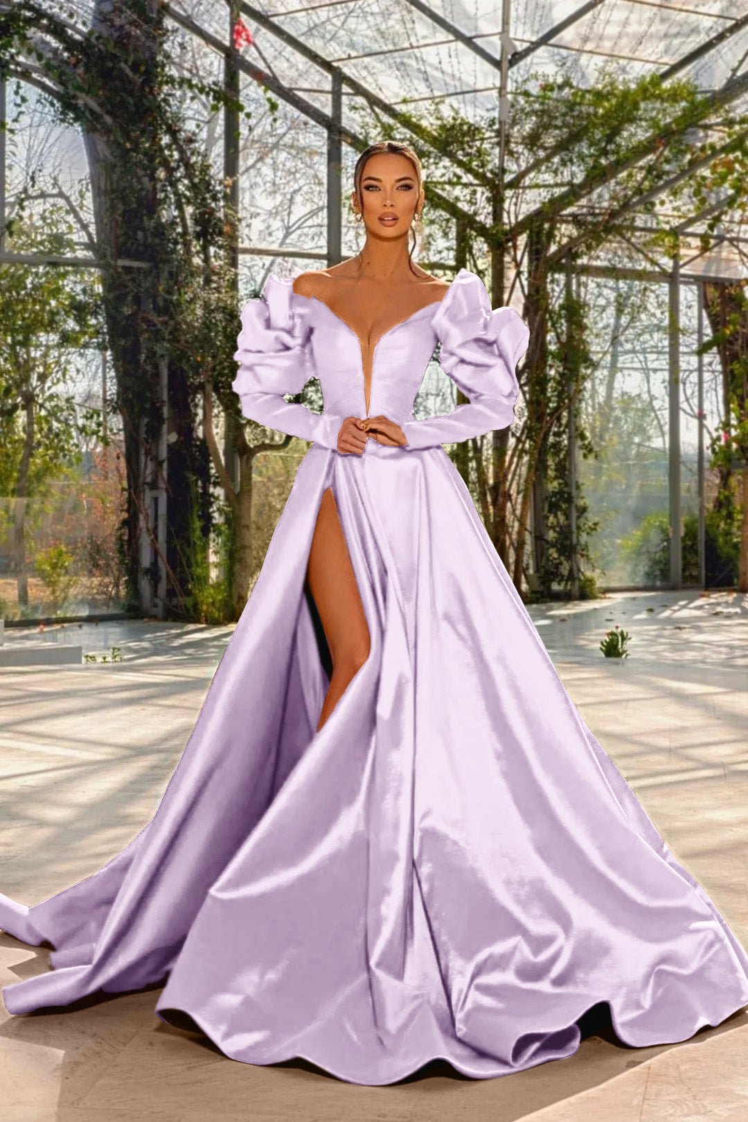 Sexy Red V Neck Long Sleeve Prom Dress with High Split