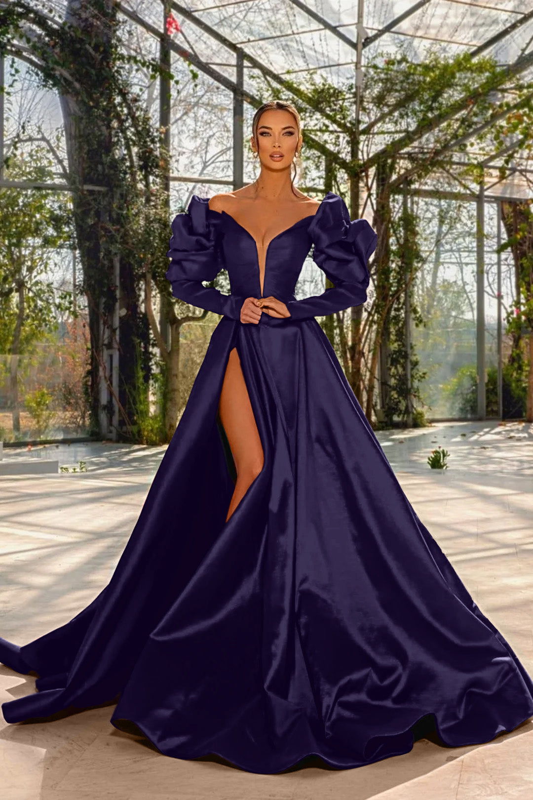 Sexy Red V Neck Long Sleeve Prom Dress with High Split