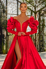 Sexy Red V Neck Long Sleeve Prom Dress with High Split