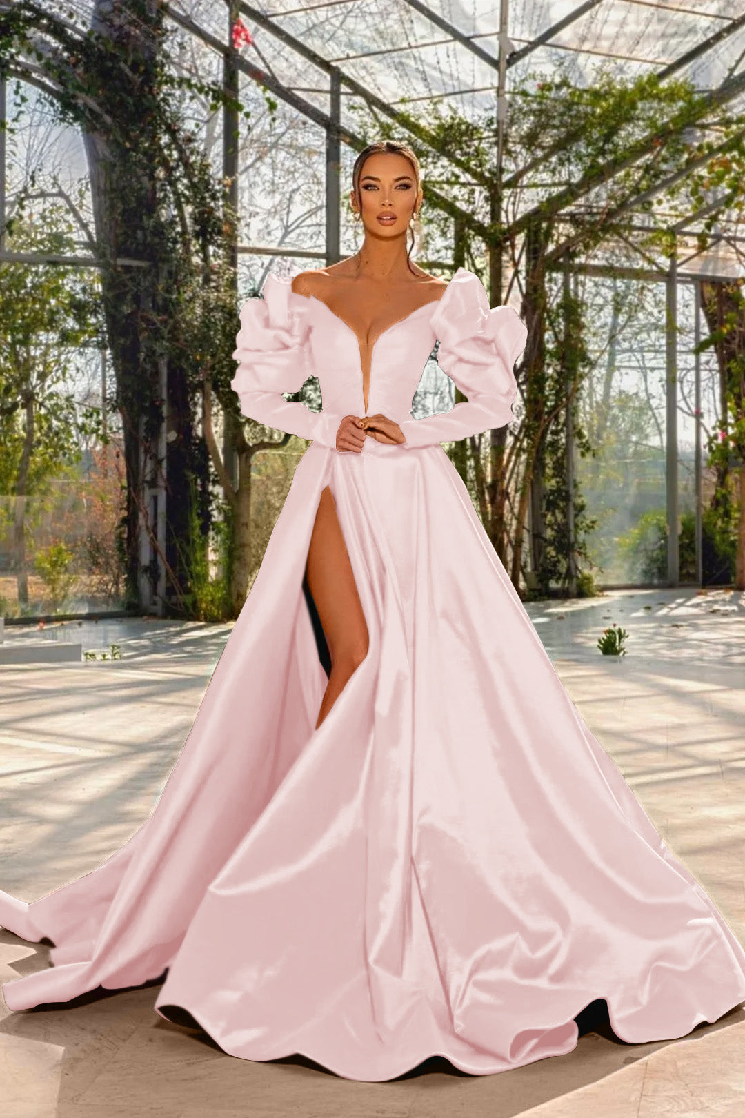 Sexy Red V Neck Long Sleeve Prom Dress with High Split
