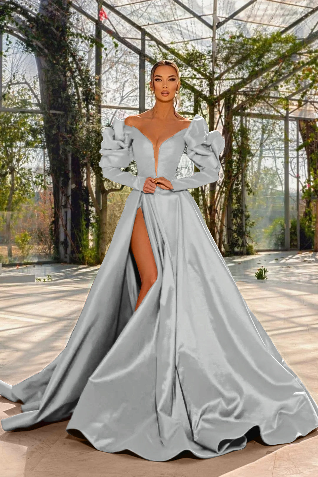 Sexy Red V Neck Long Sleeve Prom Dress with High Split