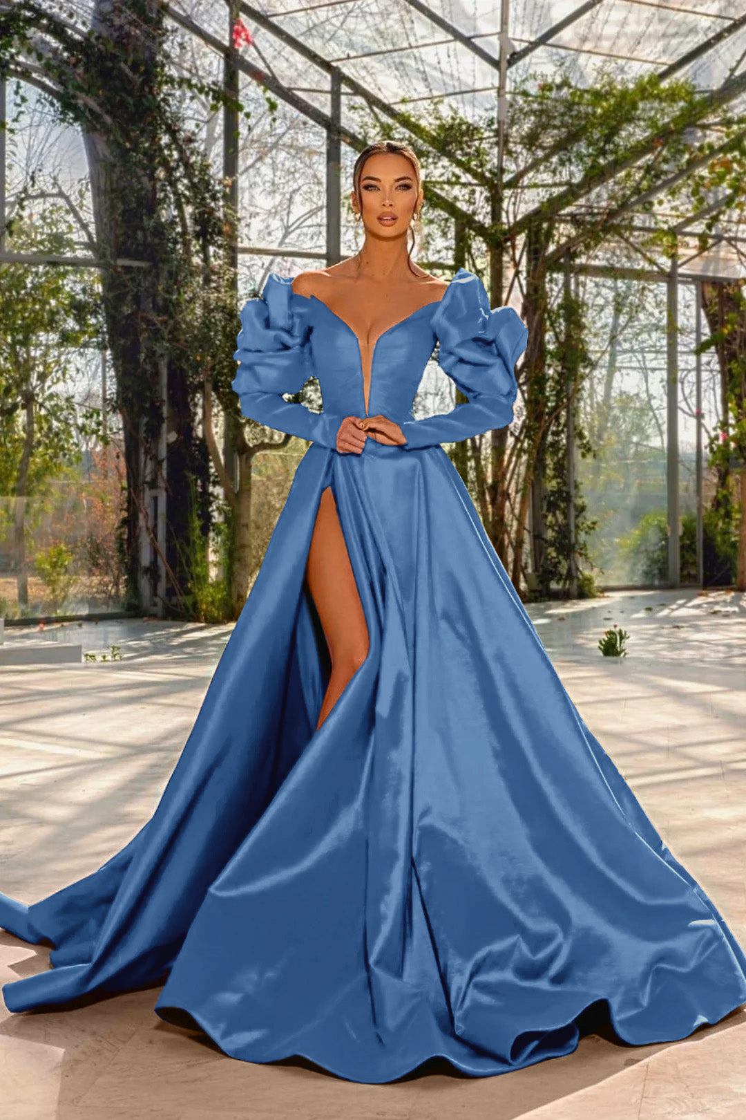 Sexy Red V Neck Long Sleeve Prom Dress with High Split