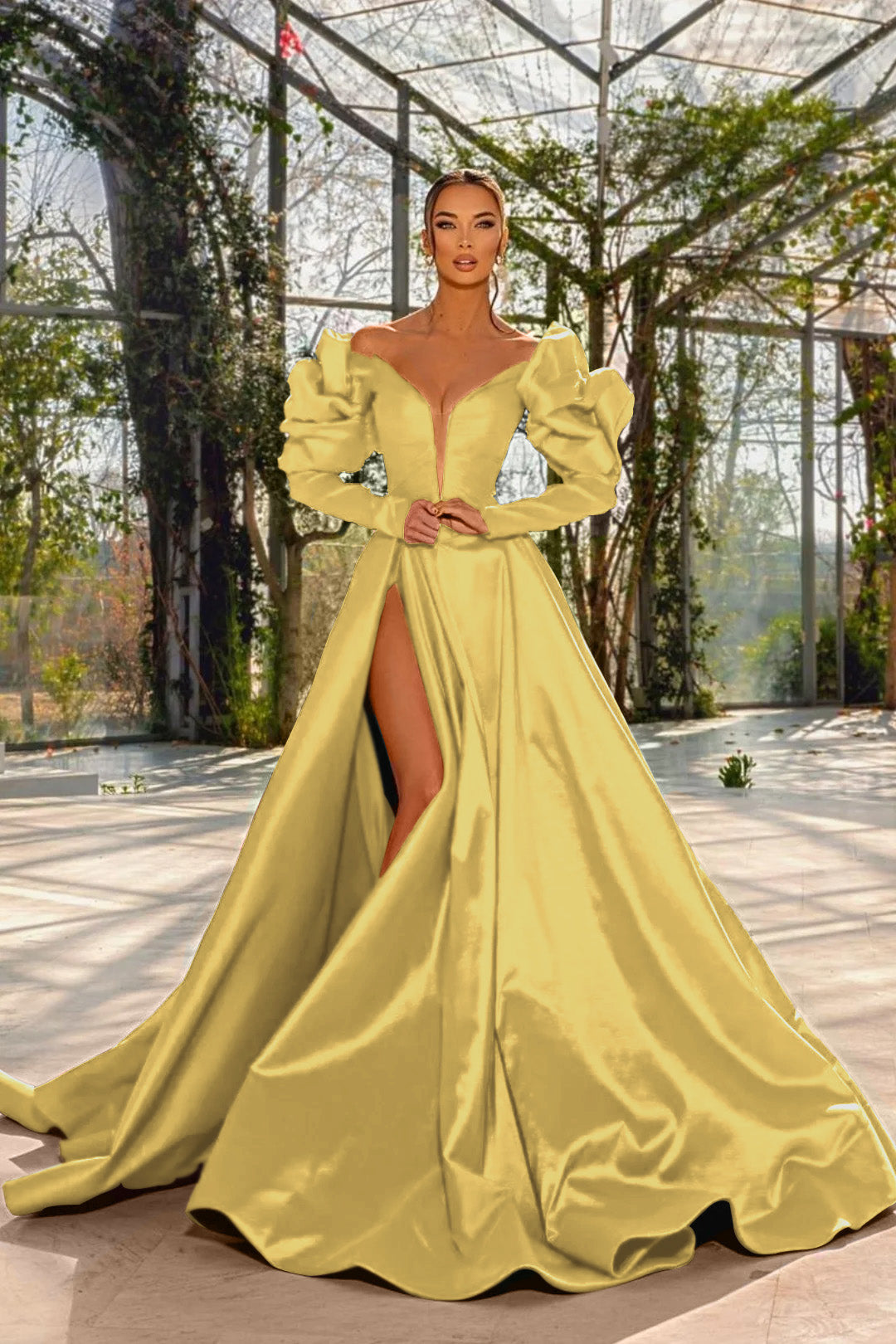 Sexy Red V Neck Long Sleeve Prom Dress with High Split