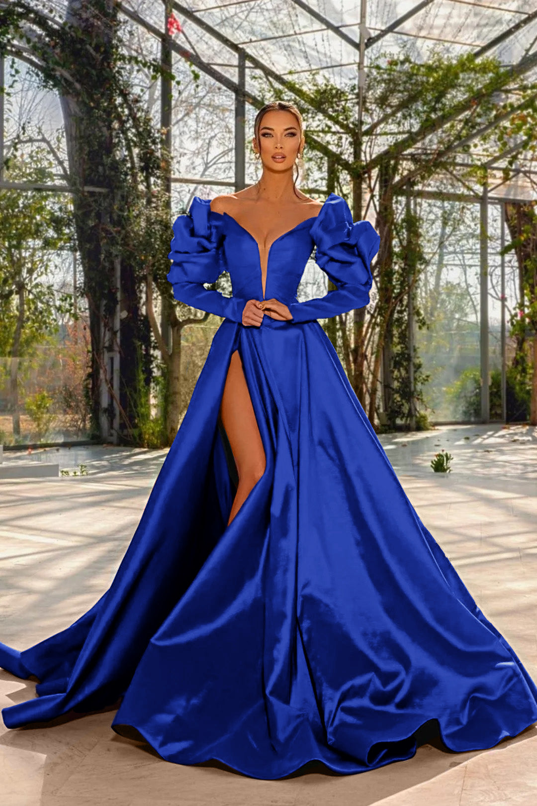 Sexy Red V Neck Long Sleeve Prom Dress with High Split