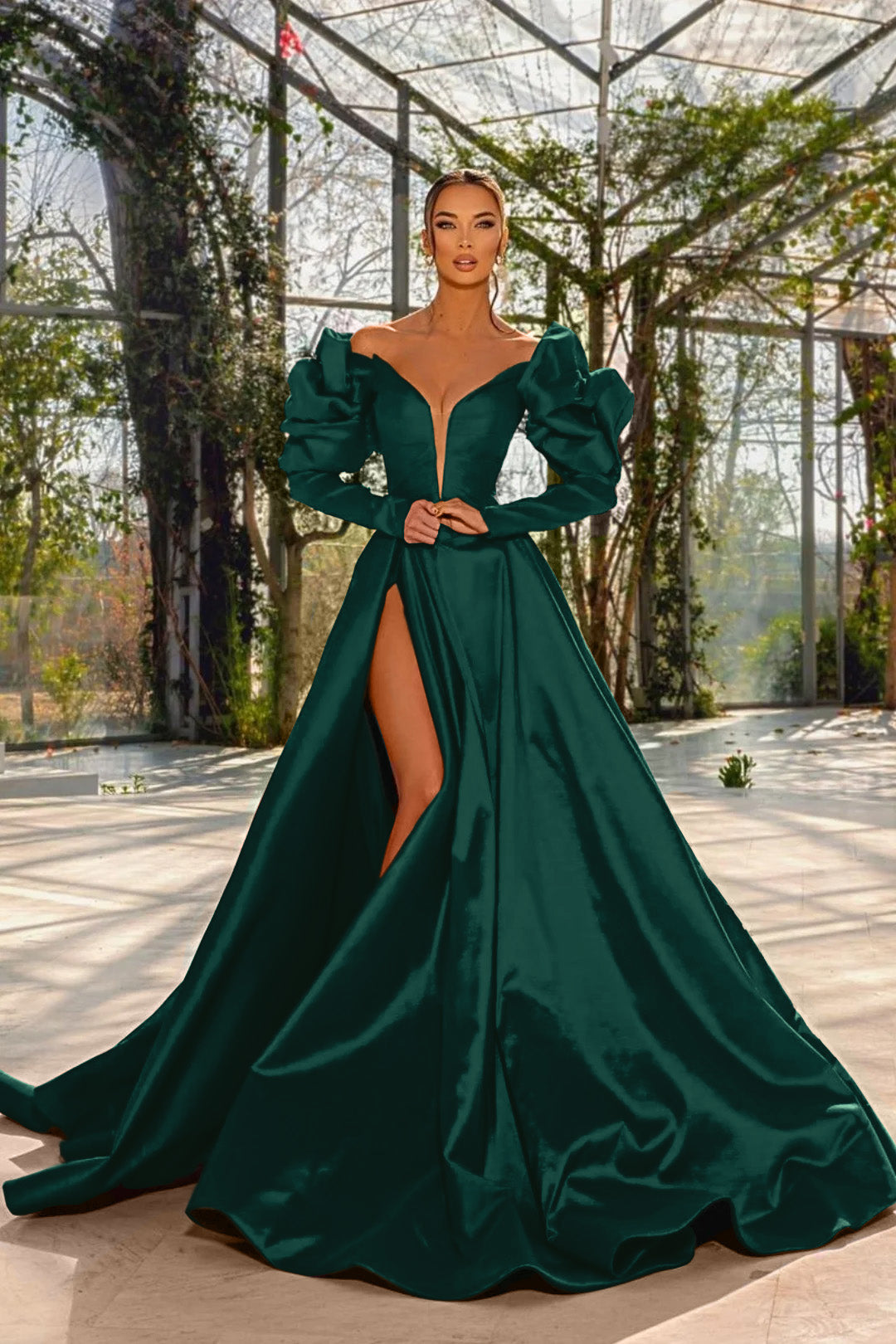 Sexy Red V Neck Long Sleeve Prom Dress with High Split