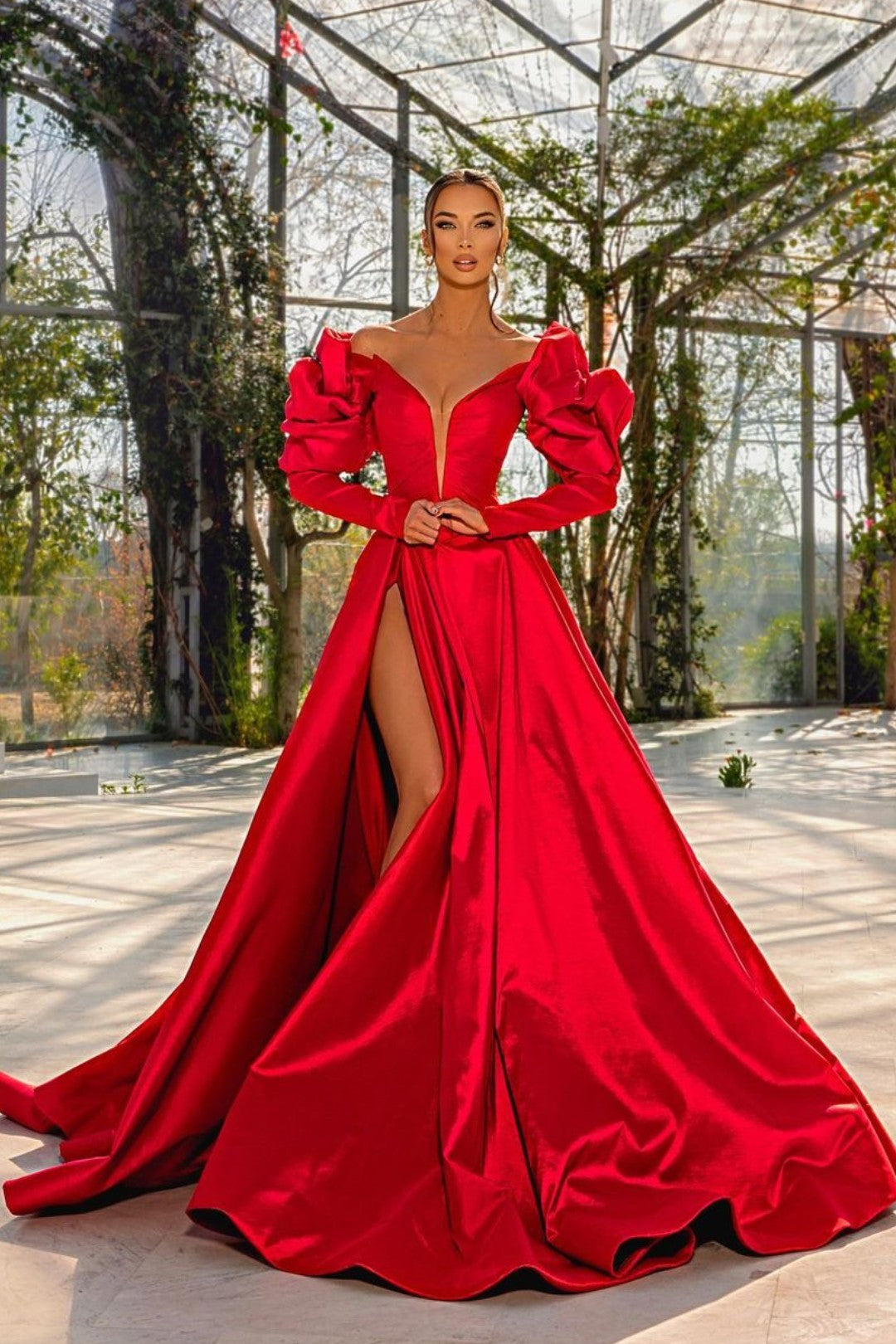 Sexy Red V Neck Long Sleeve Prom Dress with High Split