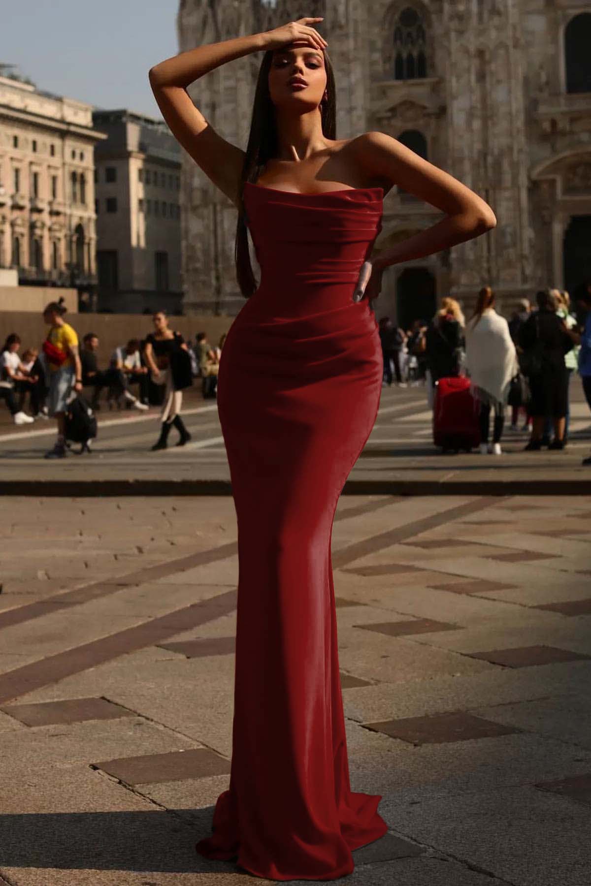 Sexy Strapless Red Mermaid Prom Dress with Pleated