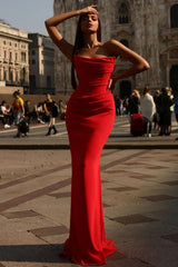 Sexy Strapless Red Mermaid Prom Dress with Pleated