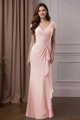 Sheath Column V Neck Short Sleeves Floor Length Mother of the Bride Dresses With Ruffles and Sequins