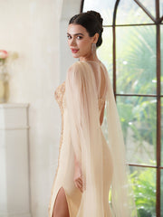 Sheath Crew Backless Watteau Train Prom Dresses with Sleeveless and Sequins