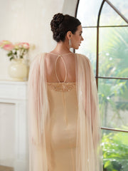 Sheath Crew Backless Watteau Train Prom Dresses with Sleeveless and Sequins