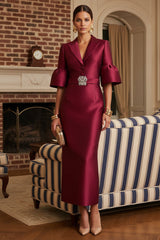 Sheath Satin Tea‑Length Mother of the Bride & Groom Dress with 3/4 Bell Sleeves and Crystal Embellished Belt
