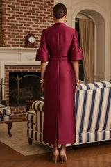 Sheath Satin Tea‑Length Mother of the Bride & Groom Dress with 3/4 Bell Sleeves and Crystal Embellished Belt