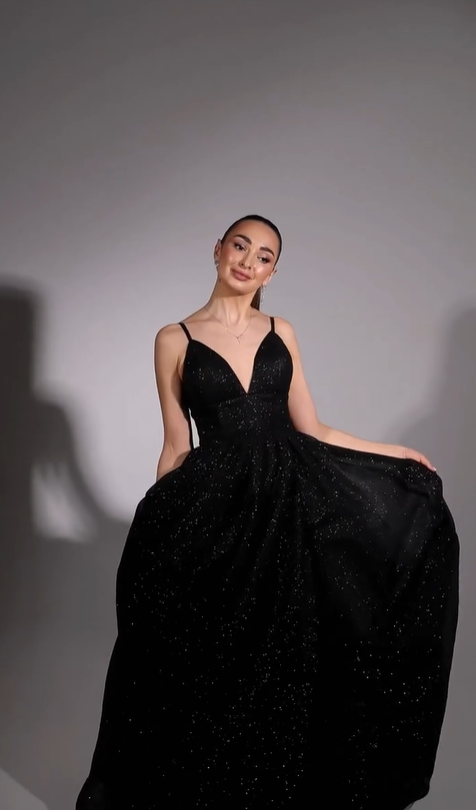 Shining Black Deep V Neck Spaghetti Strap Long Prom Dress with Sequins and Split