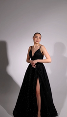 Shining Black Deep V Neck Spaghetti Strap Long Prom Dress with Sequins and Split