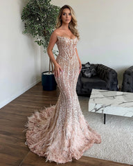 Shining Off the Shoulder Mermaid Prom Dress with Sequins Feathers