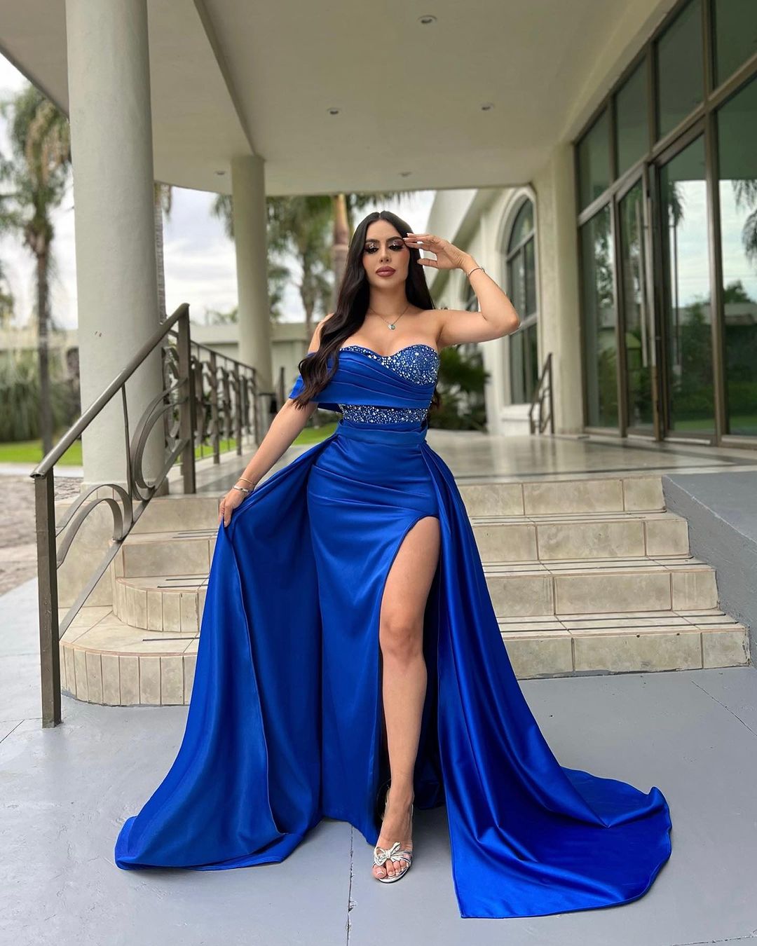 Shining Royal Blue One Shoulder Long Prom Dress with Beading and Split