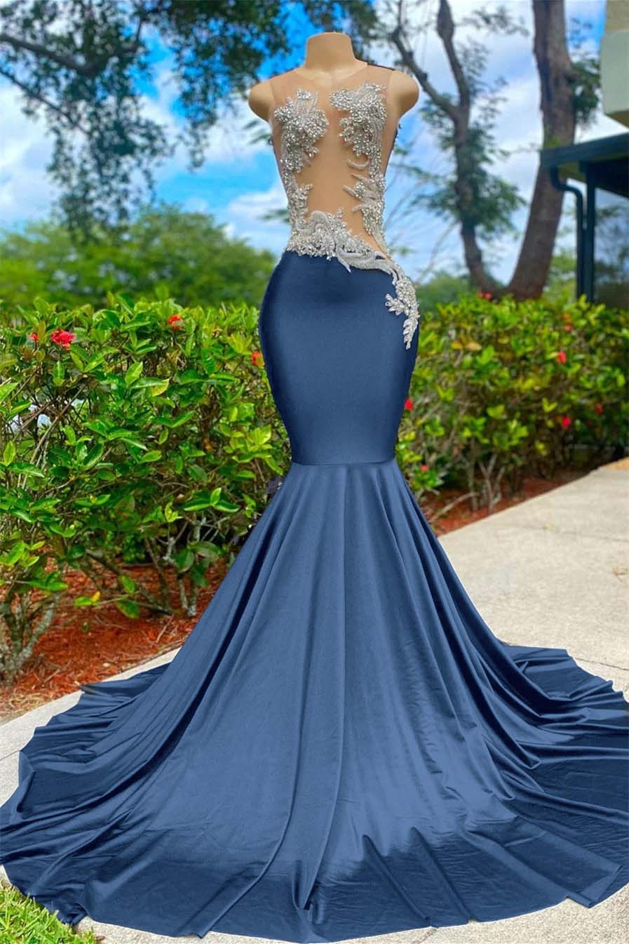 Shining V Neck Mermaid Long Prom Dress with Appliques