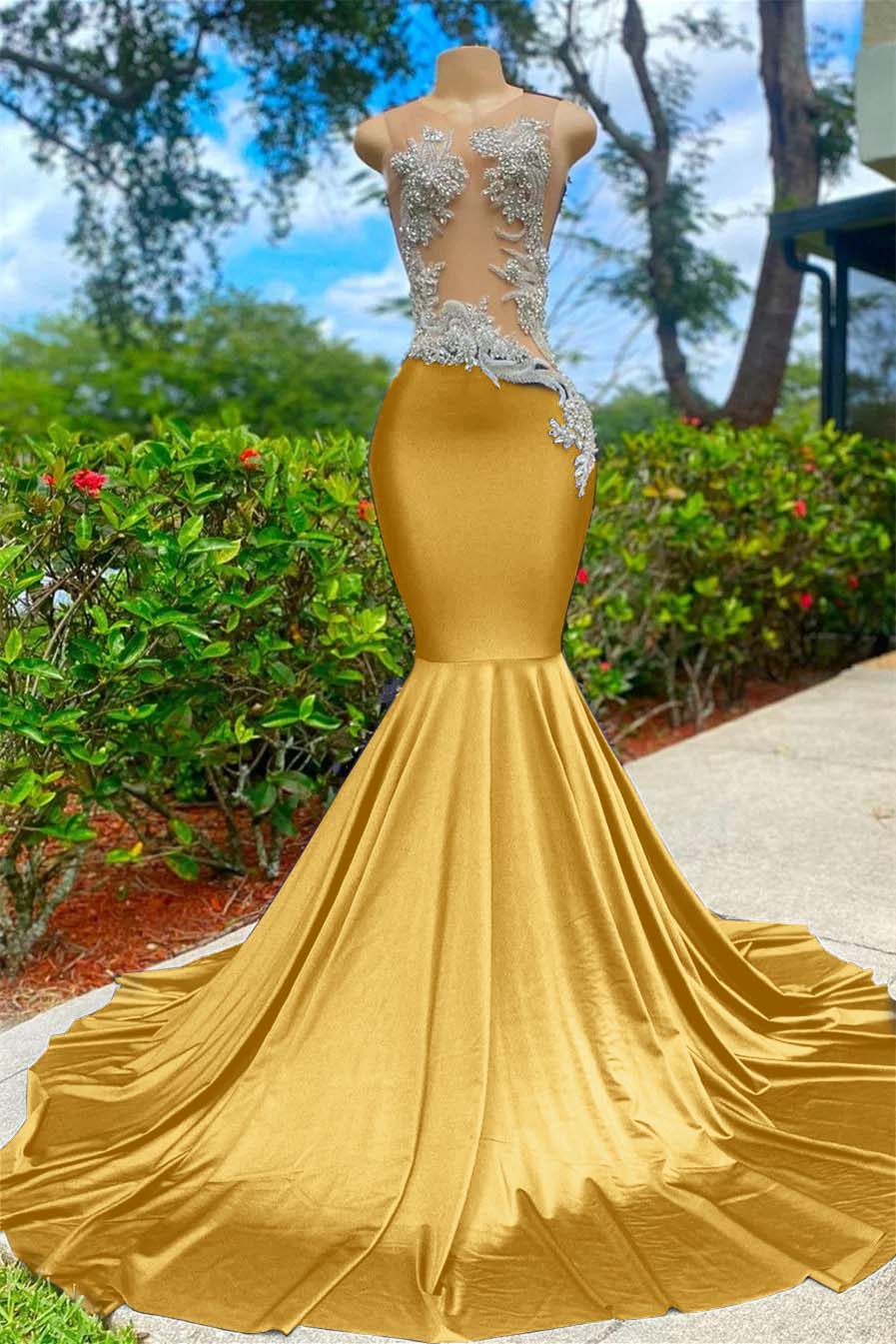 Shining V Neck Mermaid Long Prom Dress with Appliques
