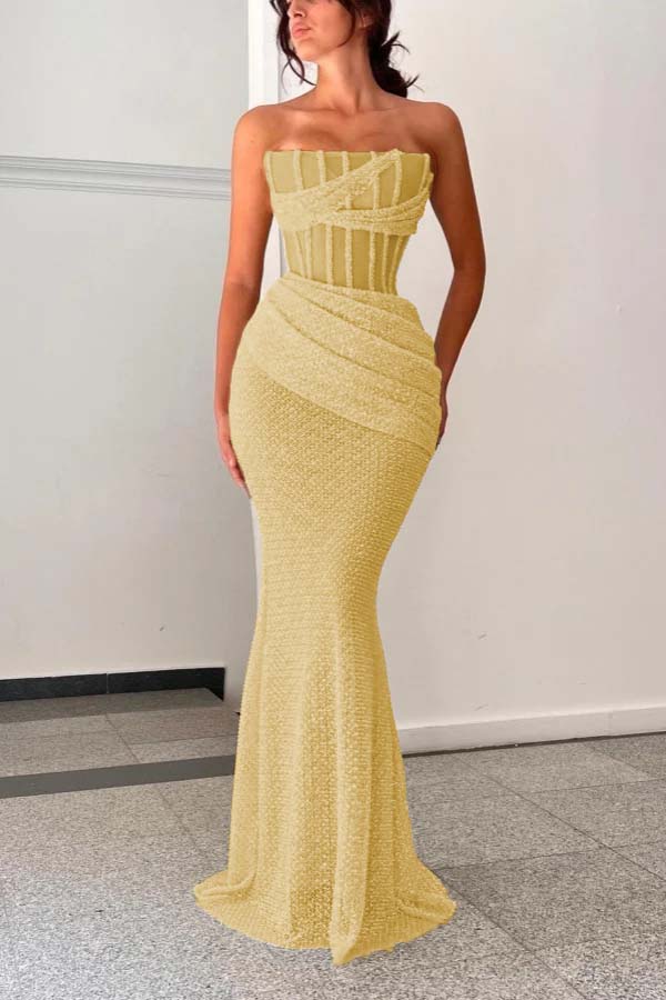 Shining Strapless Mermaid Long Prom Dress with Pleated Details