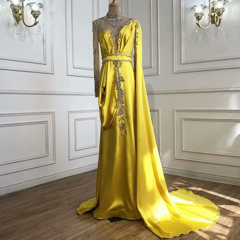 Shining Yellow Beaded Embroidery Floor-Length Mermaid Prom Dress with Shawl