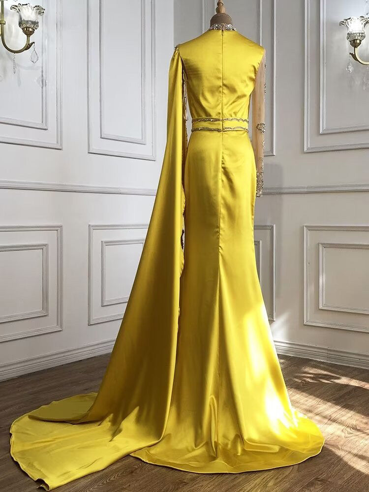 Shining Yellow Beaded Embroidery Floor-Length Mermaid Prom Dress with Shawl