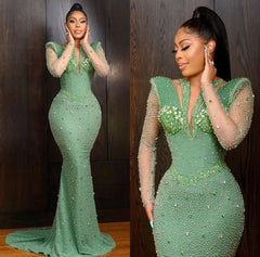 Shining Long Sleeve Mermaid Floor Length Prom Dress with Appliques